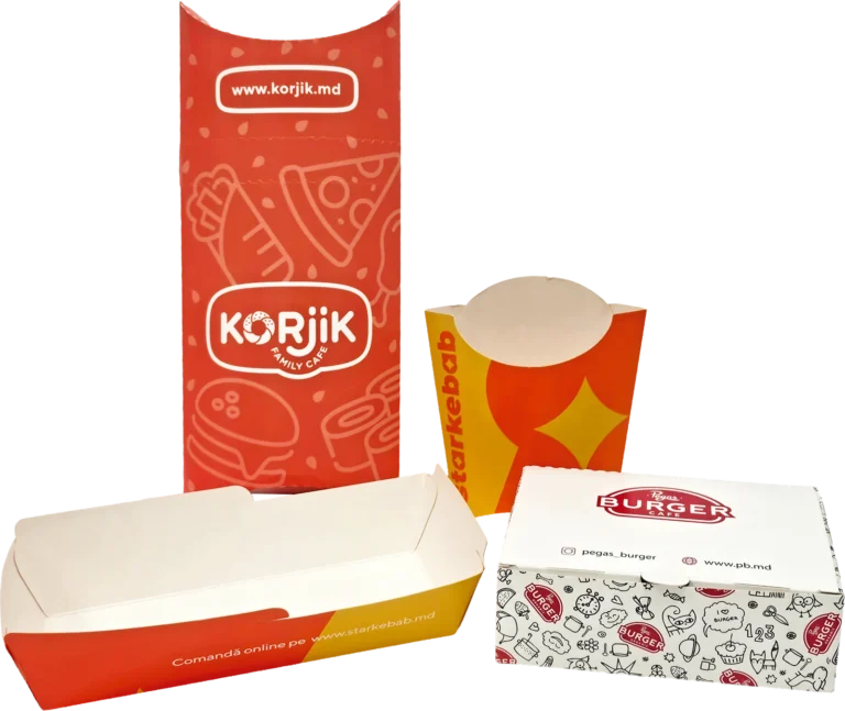 Упаковка для картошки фри и лоток Star Kebab рядом с фастфуд-упаковкой других заказчиков Pergament