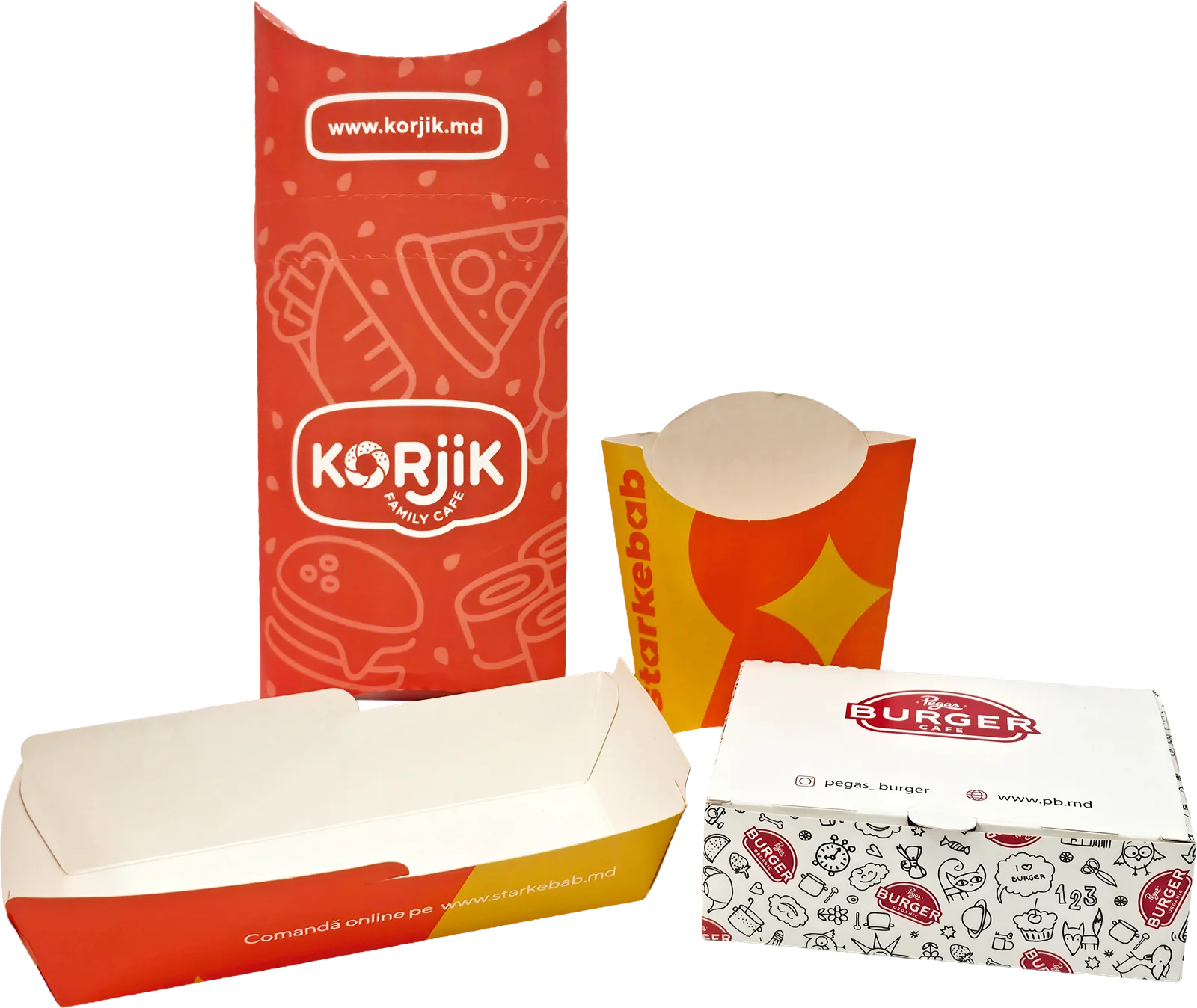 Star Kebab French-fries packaging and tray next to fast-food packaging for other Pergament clients